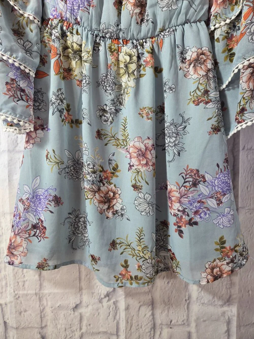 Bailey Blue Small Blue Floral Bell Sleeve Off the Shoulder Babydoll Mini Dress
